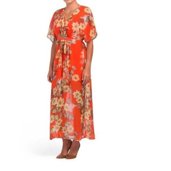 Womens Floral Maxi Dress With Short Sleeves & Empire Waist By Carters Sheer Oran - Picture 1 of 5